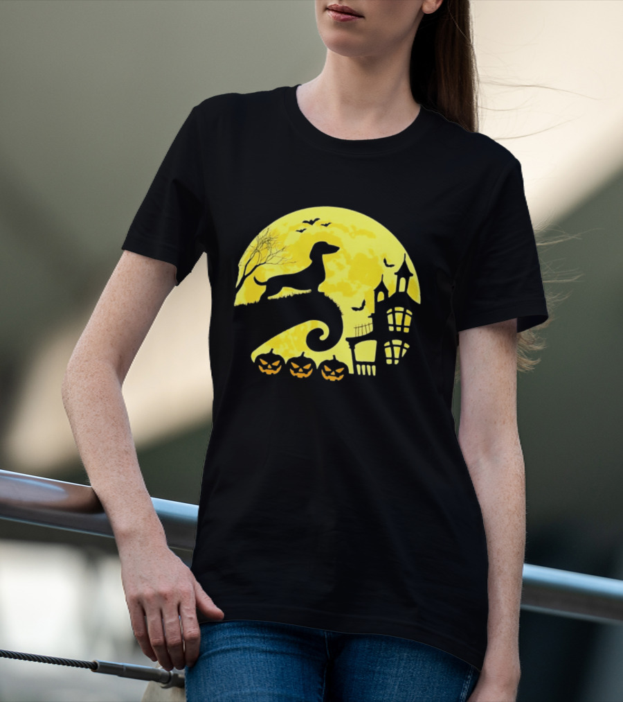 Dachshund Halloween Moon Spooky Night With Pumpkins T-Shirt