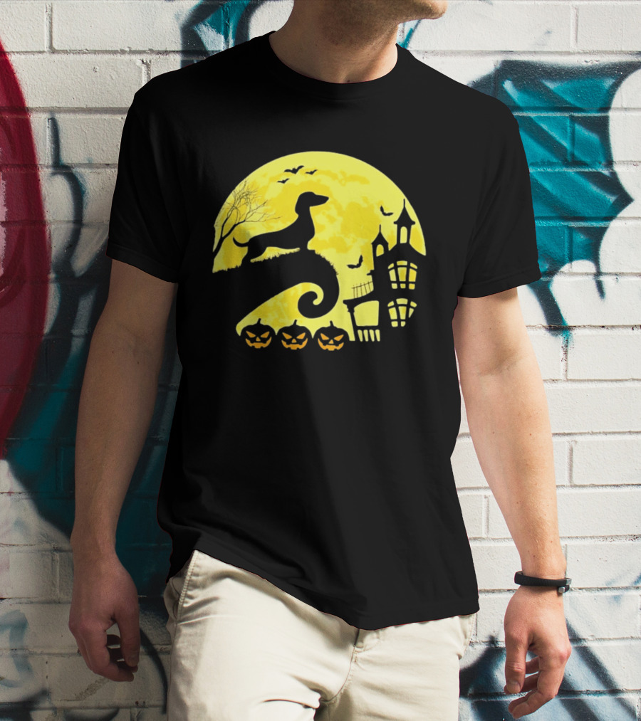 Dachshund Halloween Moon Spooky Night With Pumpkins T-Shirt