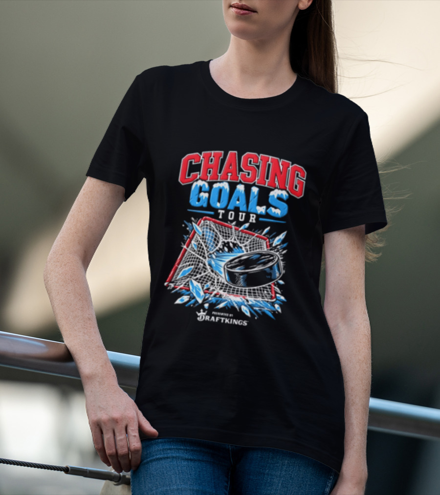 DraftKings Chasing Goals Tour Hockey Puck Crashing Into Net T-Shirt