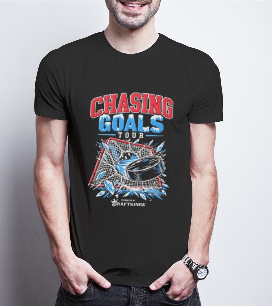 DraftKings Chasing Goals Tour Hockey Puck Crashing Into Net T-Shirt