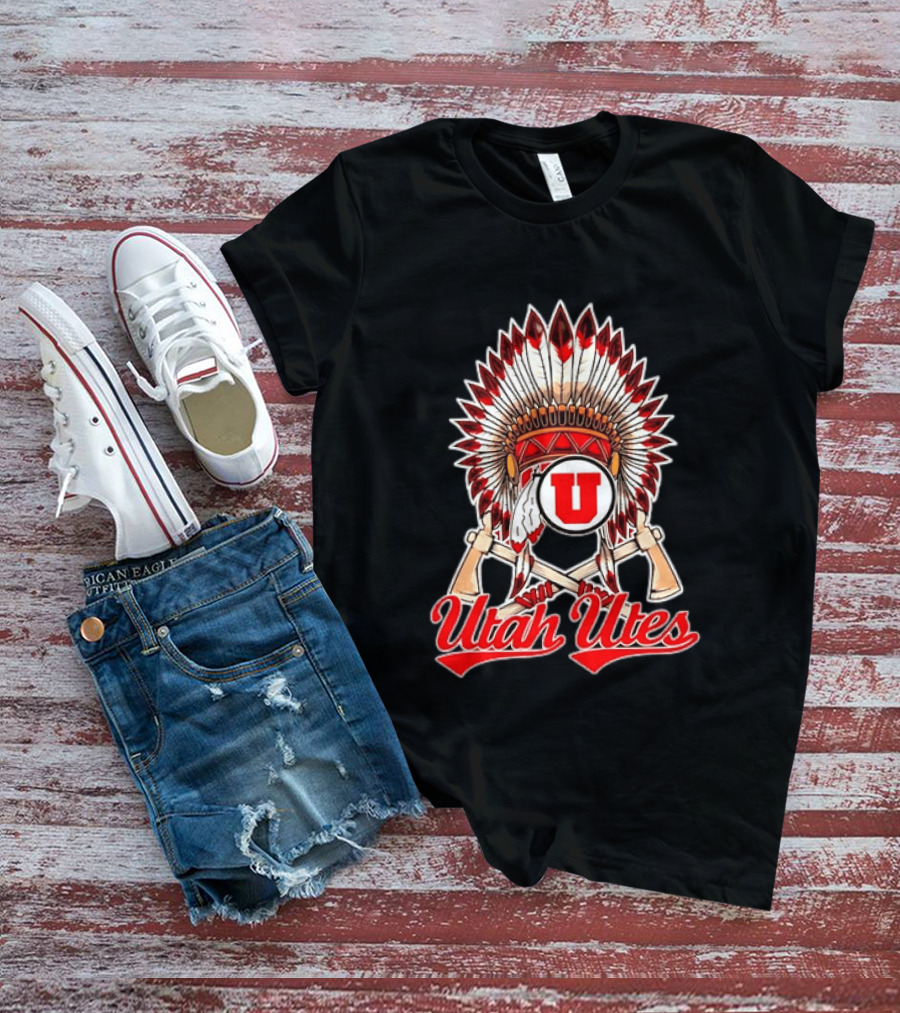 Utah Utes Headdress And Tomahawks Logo With Red And White U T-Shirt