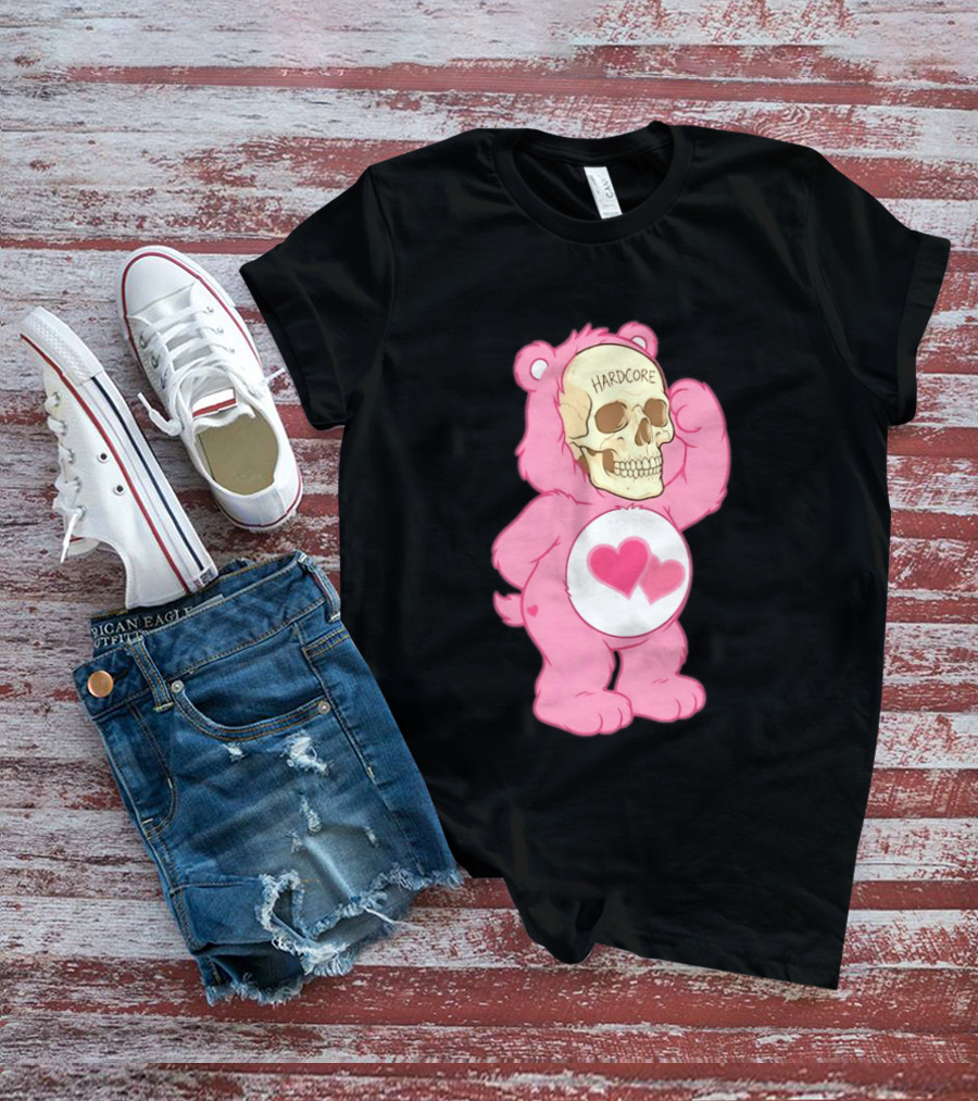 Hardcore Pink Bear Skull Goth Aesthetic With Hearts T-Shirt