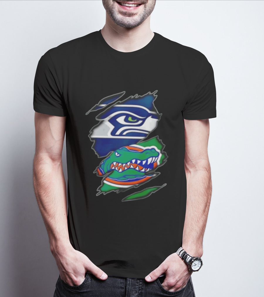 Seattle Seahawks Florida Gators Ripped Fabric Effect Sports Logos T-Shirt