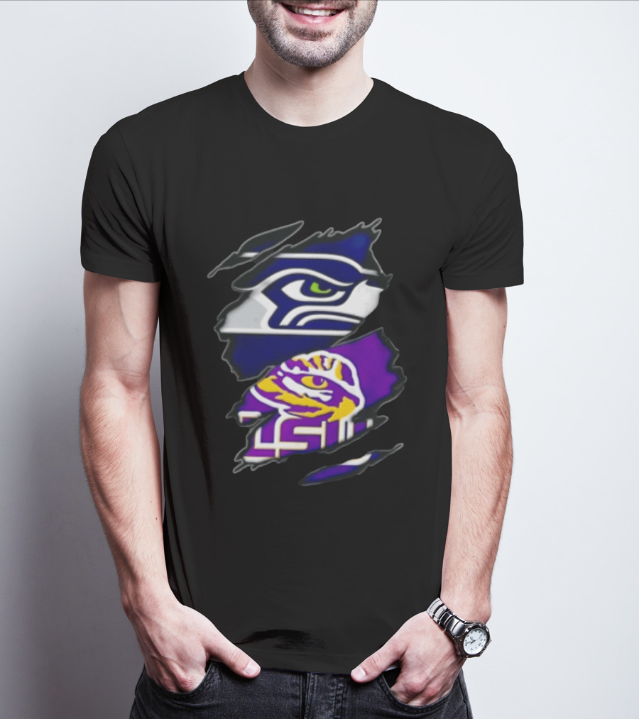 Seattle Seahawks Louisiana State University Ripped Fabric Reveal Seahawks Tiger Eye T-Shirt
