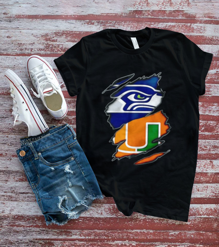Seattle Seahawks Miami Hurricanes Torn Fabric Reveal Team Logos T-Shirt