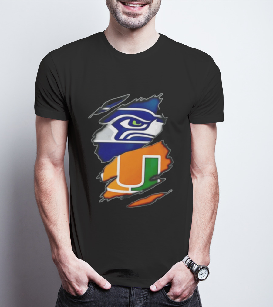 Seattle Seahawks Miami Hurricanes Torn Fabric Reveal Team Logos T-Shirt