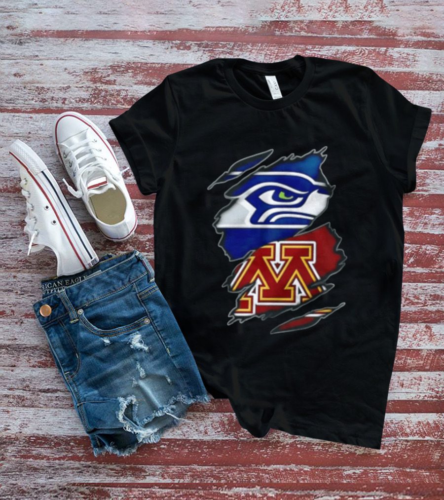Seattle Seahawks Minnesota Golden Gophers Torn Fabric Reveal Team Emblems T-Shirt