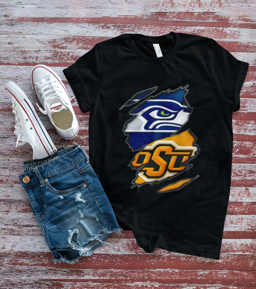 Seattle Seahawks Oklahoma State Cowboys Torn Fabric Reveal Sports T-Shirt