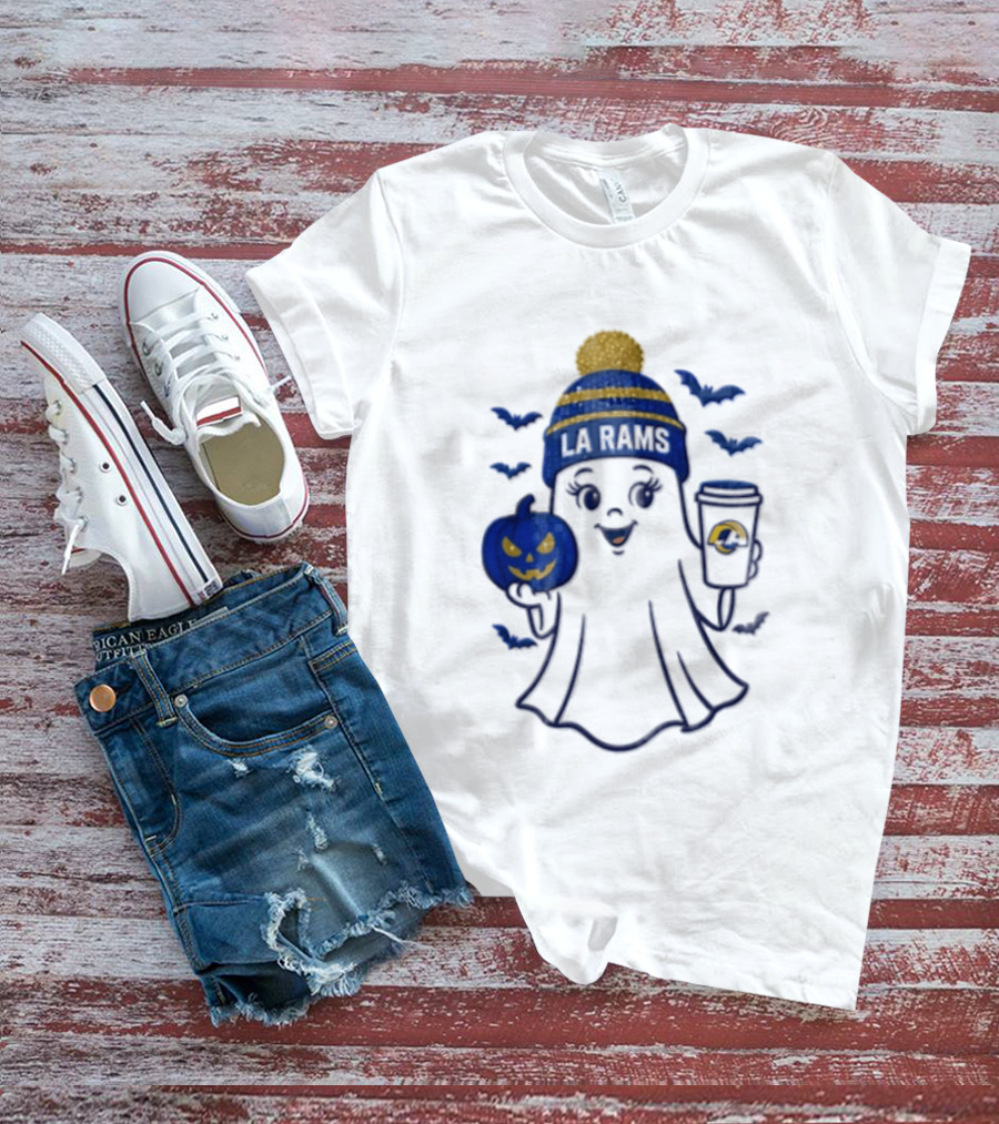 Los Angeles Rams Beanie Ghost Holding Pumpkin And Coffee Halloween T-Shirt
