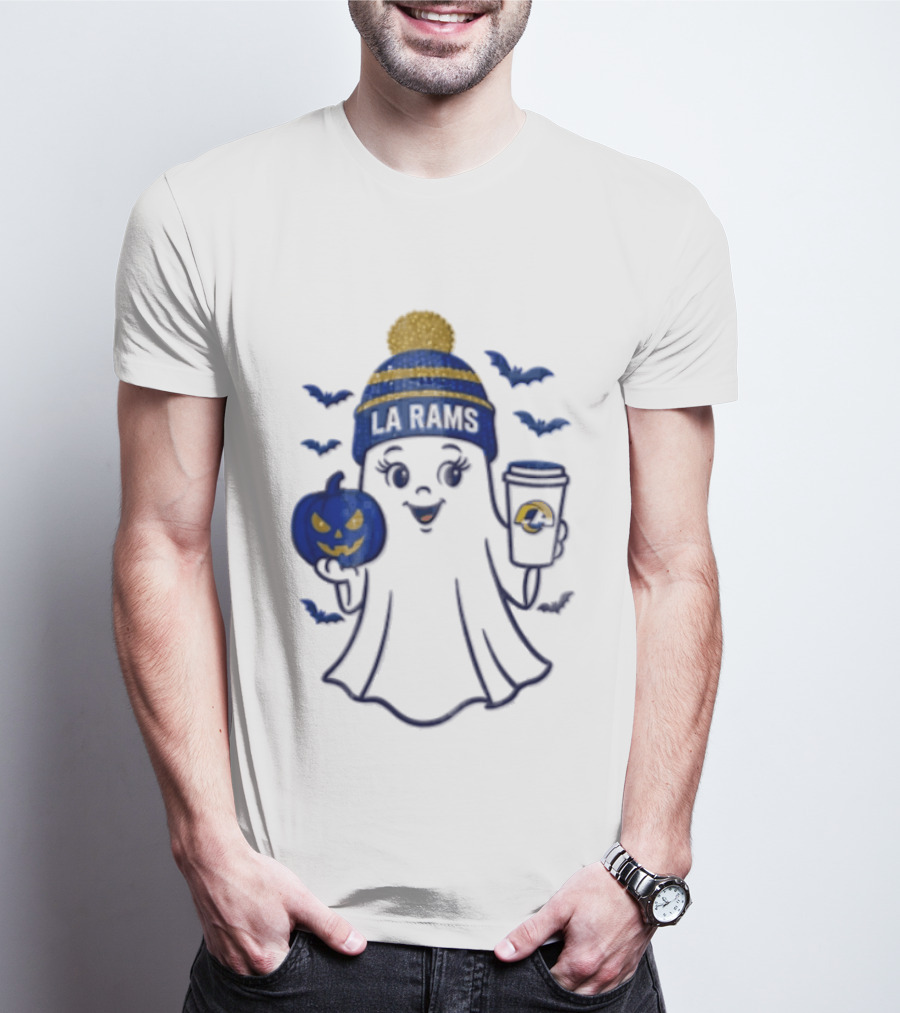 Los Angeles Rams Beanie Ghost Holding Pumpkin And Coffee Halloween T-Shirt