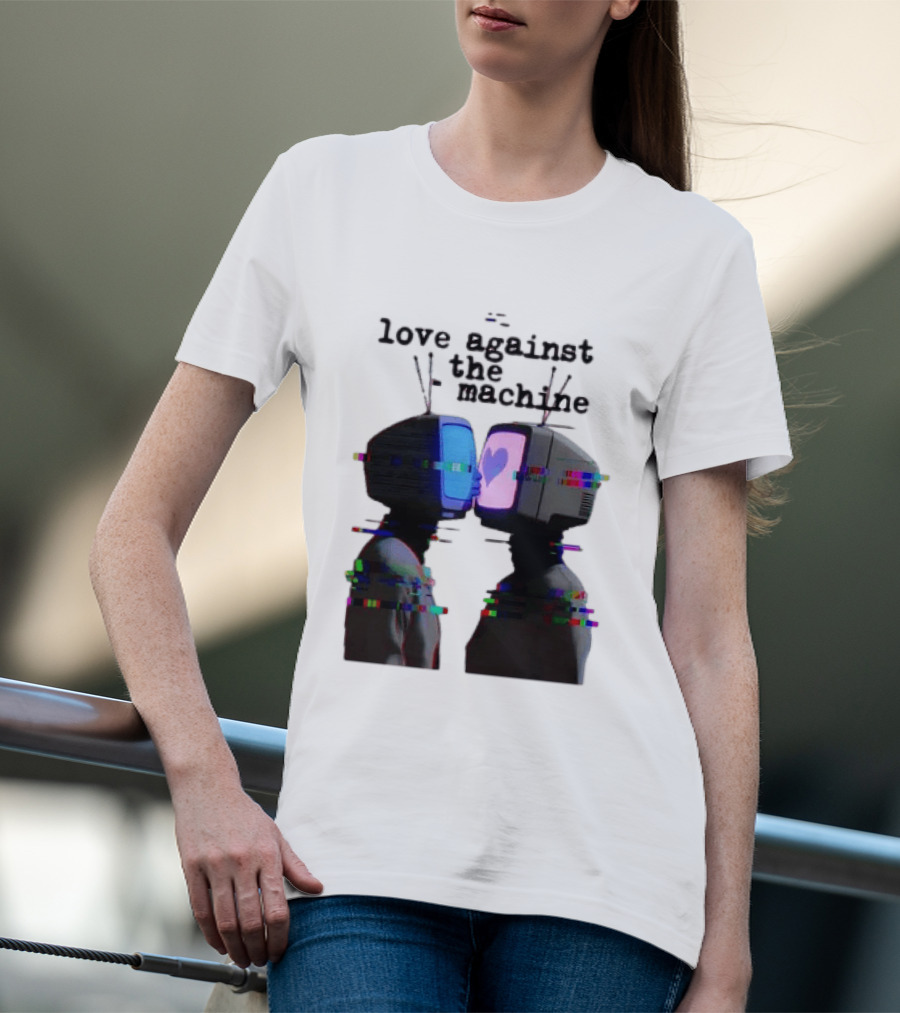 Love Against The Machine Two Television Heads Kissing Glitch Heart T-Shirt