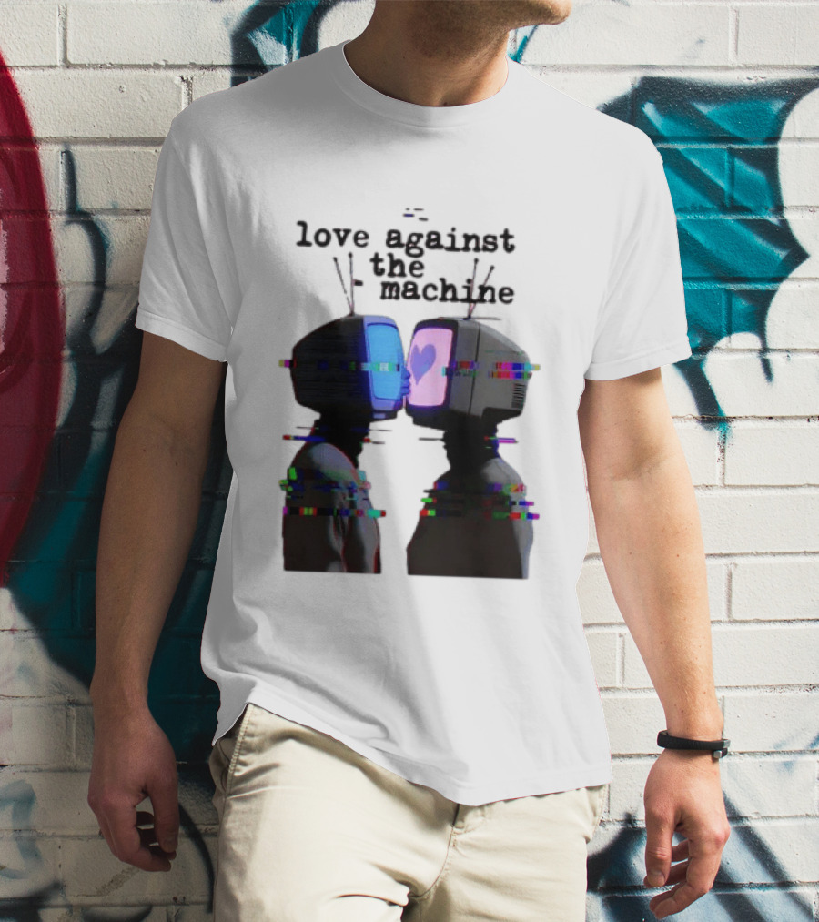 Love Against The Machine Two Television Heads Kissing Glitch Heart T-Shirt