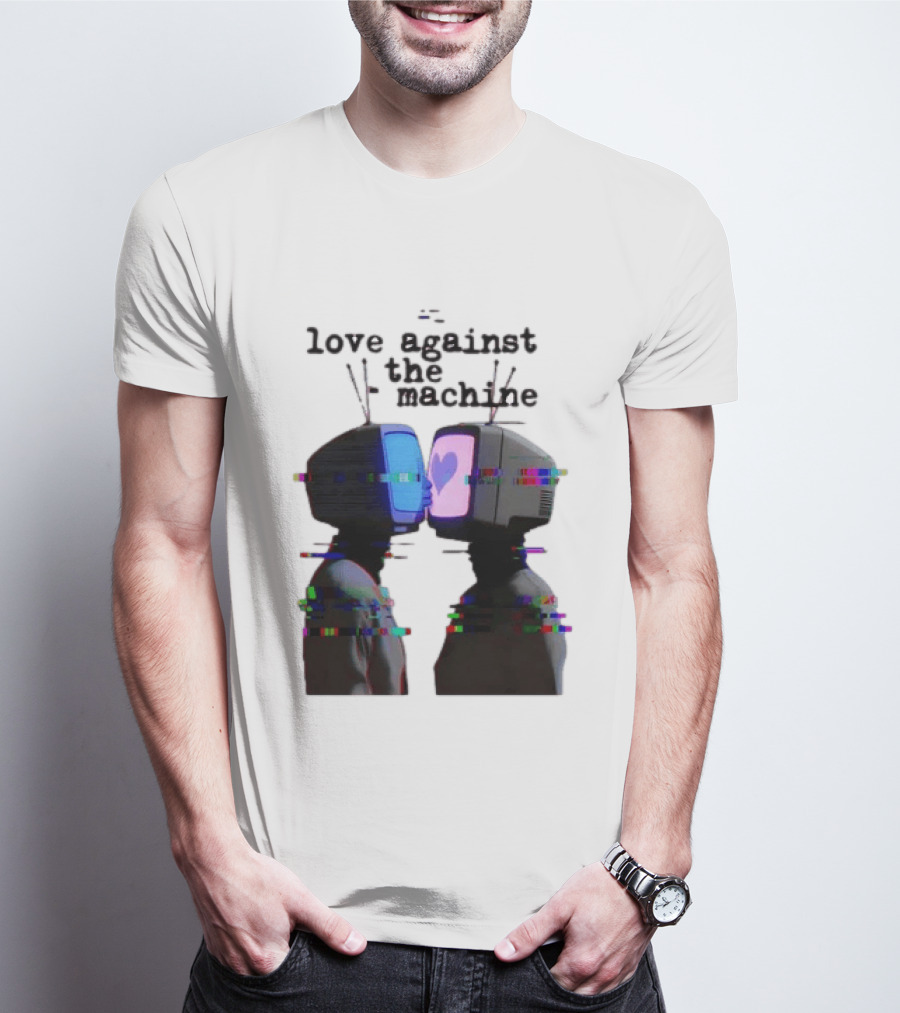 Love Against The Machine Two Television Heads Kissing Glitch Heart T-Shirt