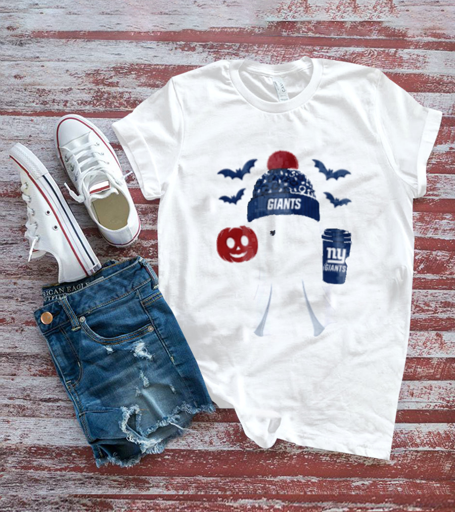 New York Giants Ghost Halloween Beanie With Pumpkin Coffee And Bats T-Shirt