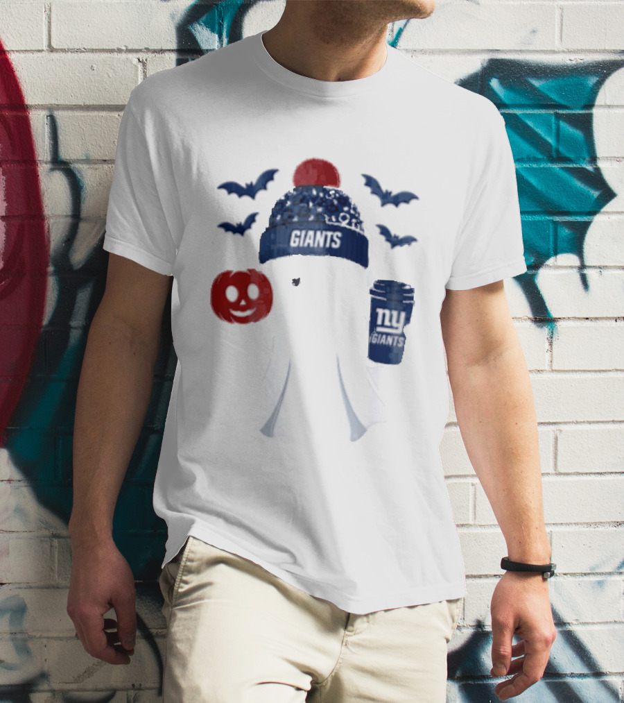 New York Giants Ghost Halloween Beanie With Pumpkin Coffee And Bats T-Shirt