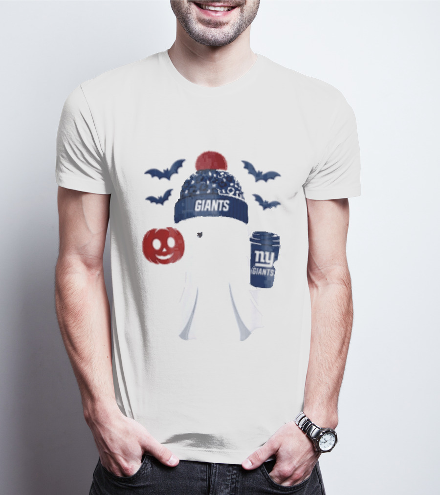 New York Giants Ghost Halloween Beanie With Pumpkin Coffee And Bats T-Shirt