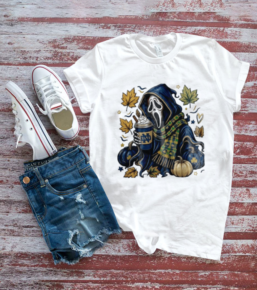 Notre Dame Ghostface Holding Coffee Autumn Leaves Pumpkins T-Shirt
