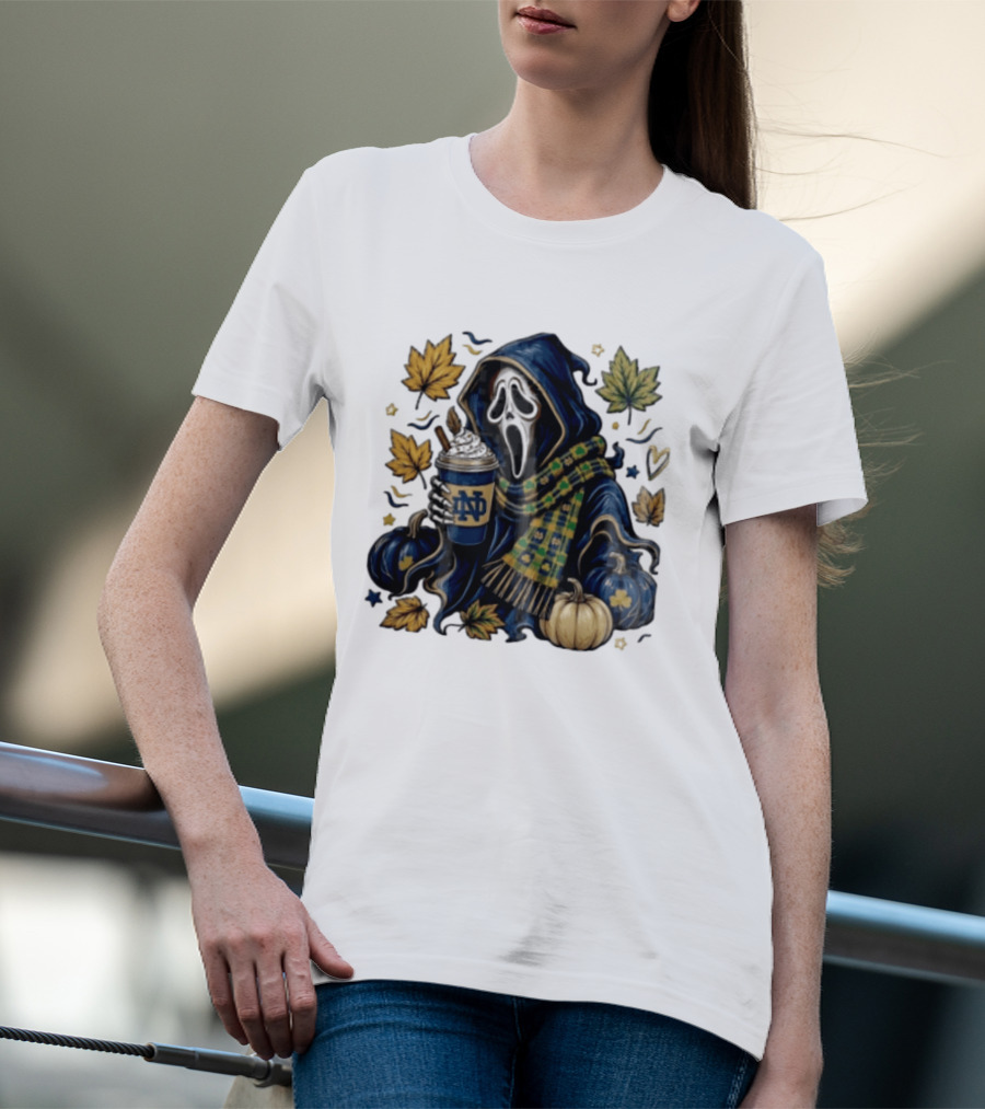 Notre Dame Ghostface Holding Coffee Autumn Leaves Pumpkins T-Shirt