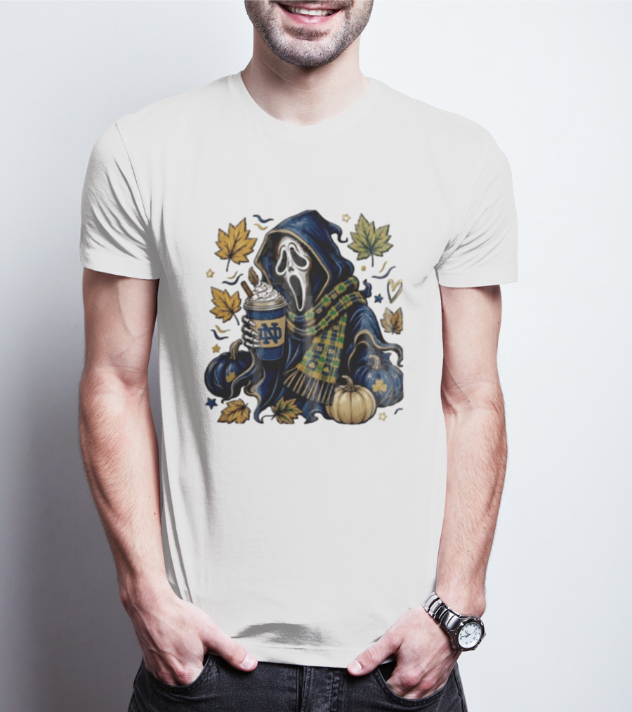 Notre Dame Ghostface Holding Coffee Autumn Leaves Pumpkins T-Shirt