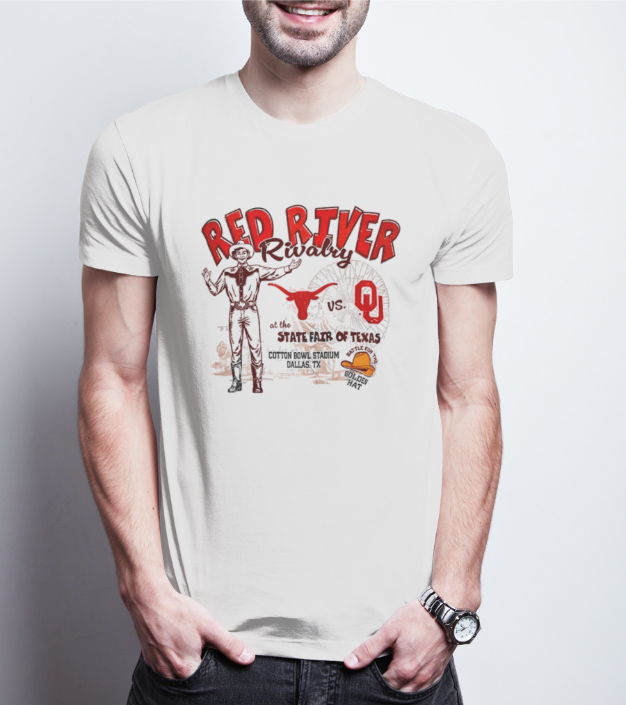 Red River Rivalry Texas Longhorns Vs Oklahoma Sooners State Fair Of Texas Vintage Cowboy Ferris Wheel Iconic Showdown T-Shirt