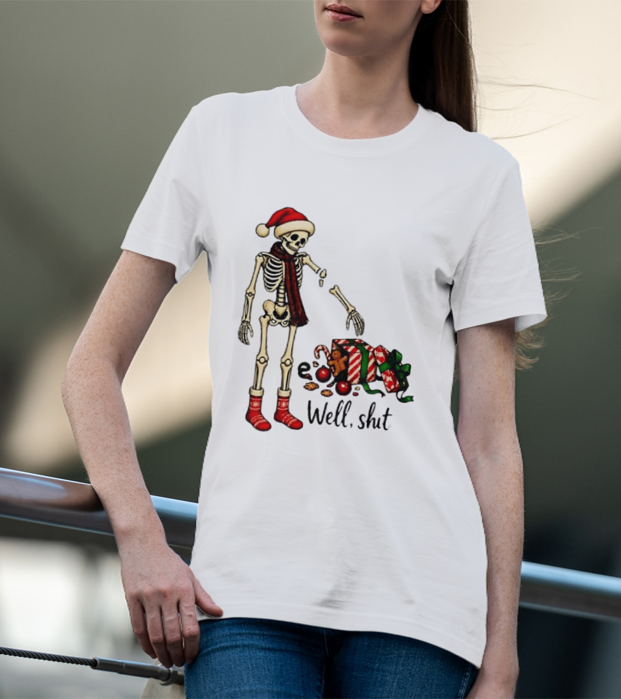 Well Shit Christmas Skeleton Gingerbread Man Santa Hat T-Shirt
