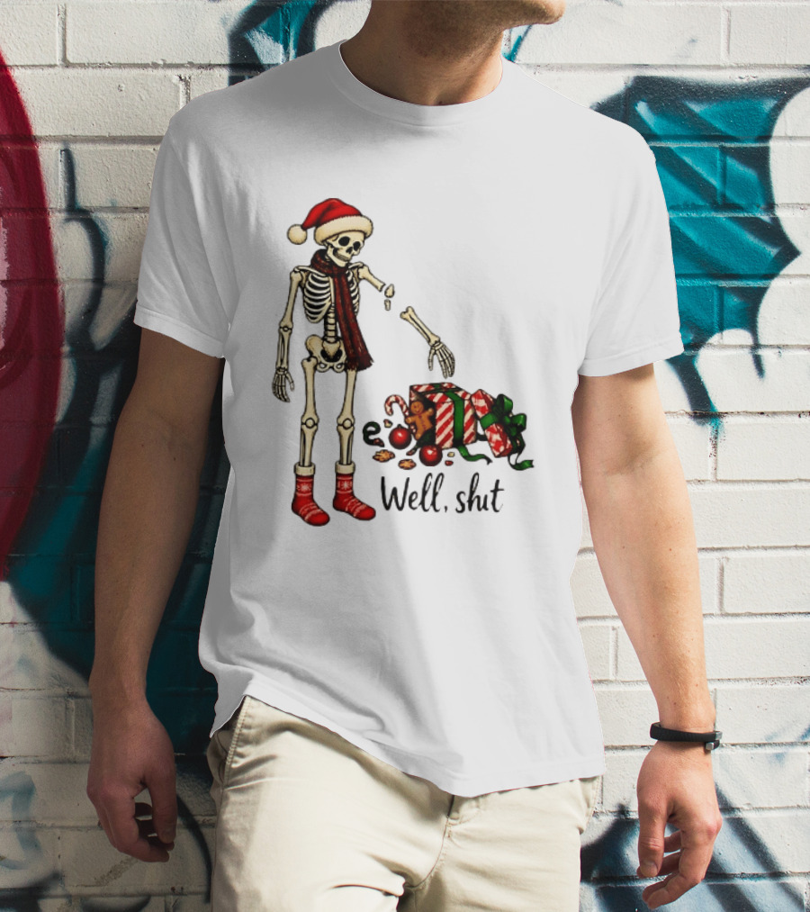 Well Shit Christmas Skeleton Gingerbread Man Santa Hat T-Shirt