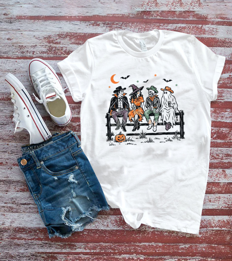 Witch Skeleton Ghost Vampire Western Halloween Scene With Pumpkins And Bats T-Shirt