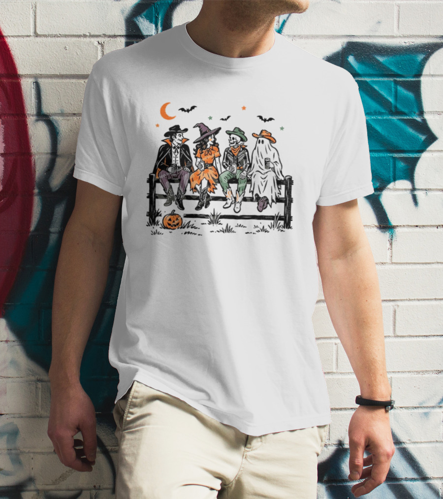 Witch Skeleton Ghost Vampire Western Halloween Scene With Pumpkins And Bats T-Shirt