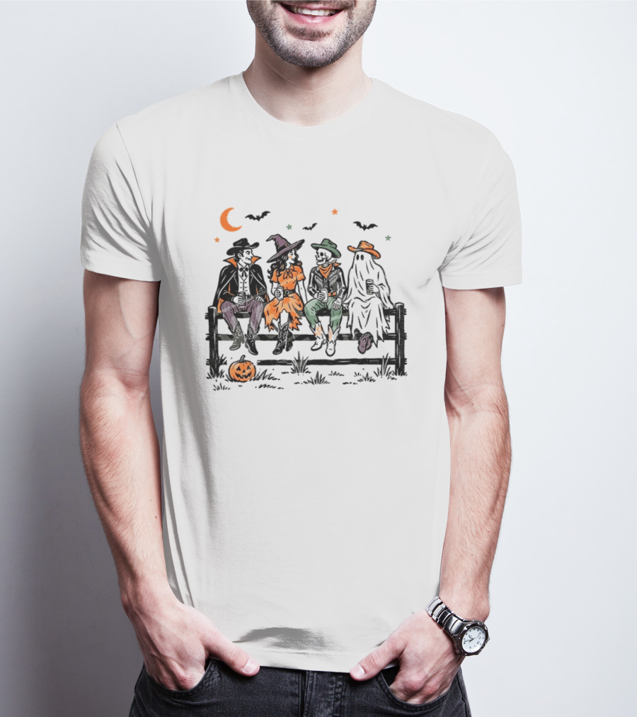 Witch Skeleton Ghost Vampire Western Halloween Scene With Pumpkins And Bats T-Shirt