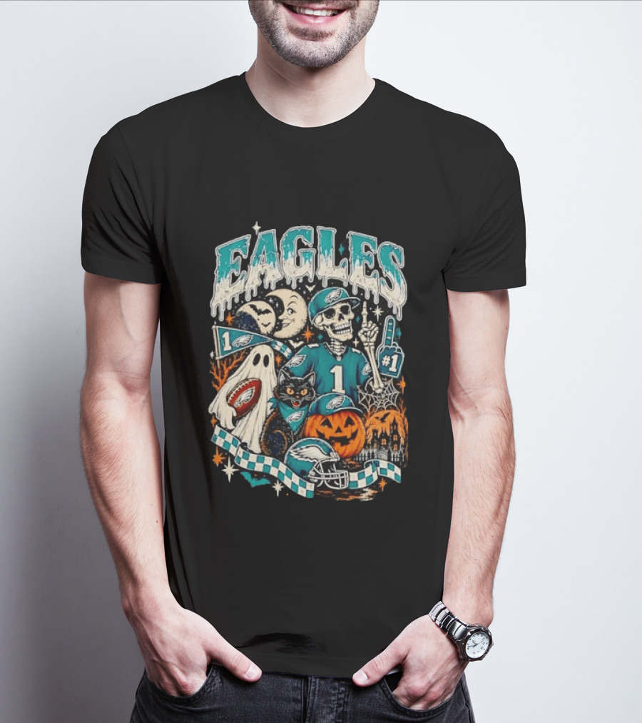 Eagles Jalen Hurts Halloween Skeleton Ghost Black Cat Pumpkin T-Shirt