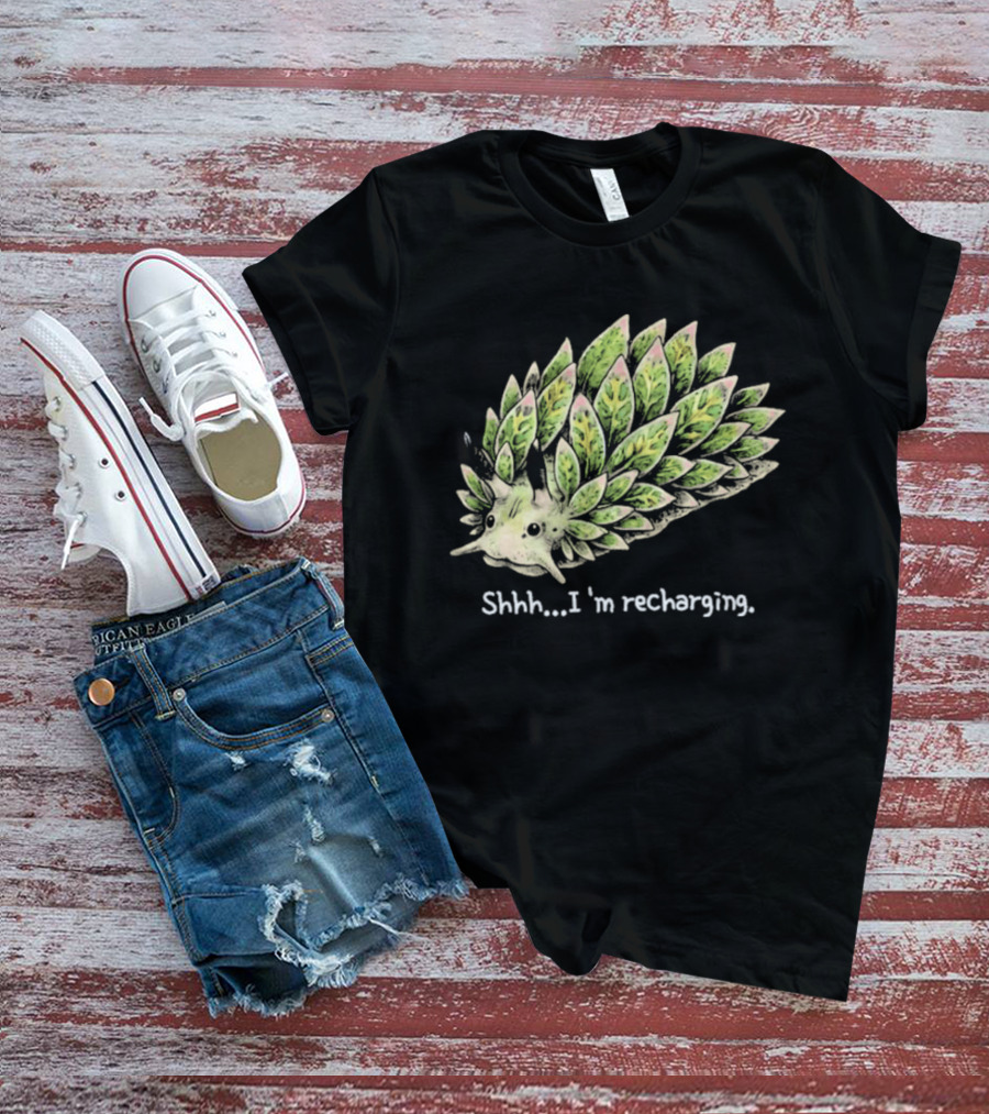 Leaf Sheep Sea Slug Shhh I'm Recharging Green Pink Cute Sea Creature T-Shirt