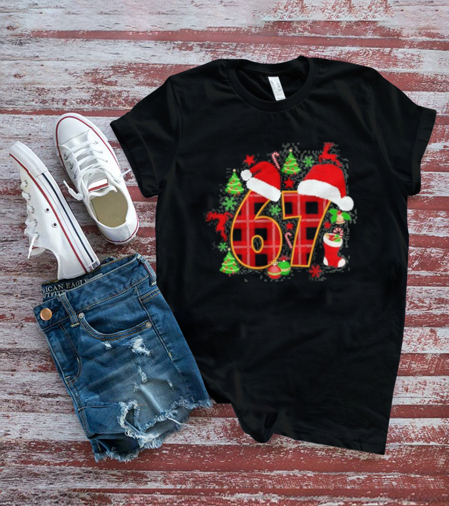 67 Christmas Plaid With Santa Hats And Festive Decorations T-Shirt