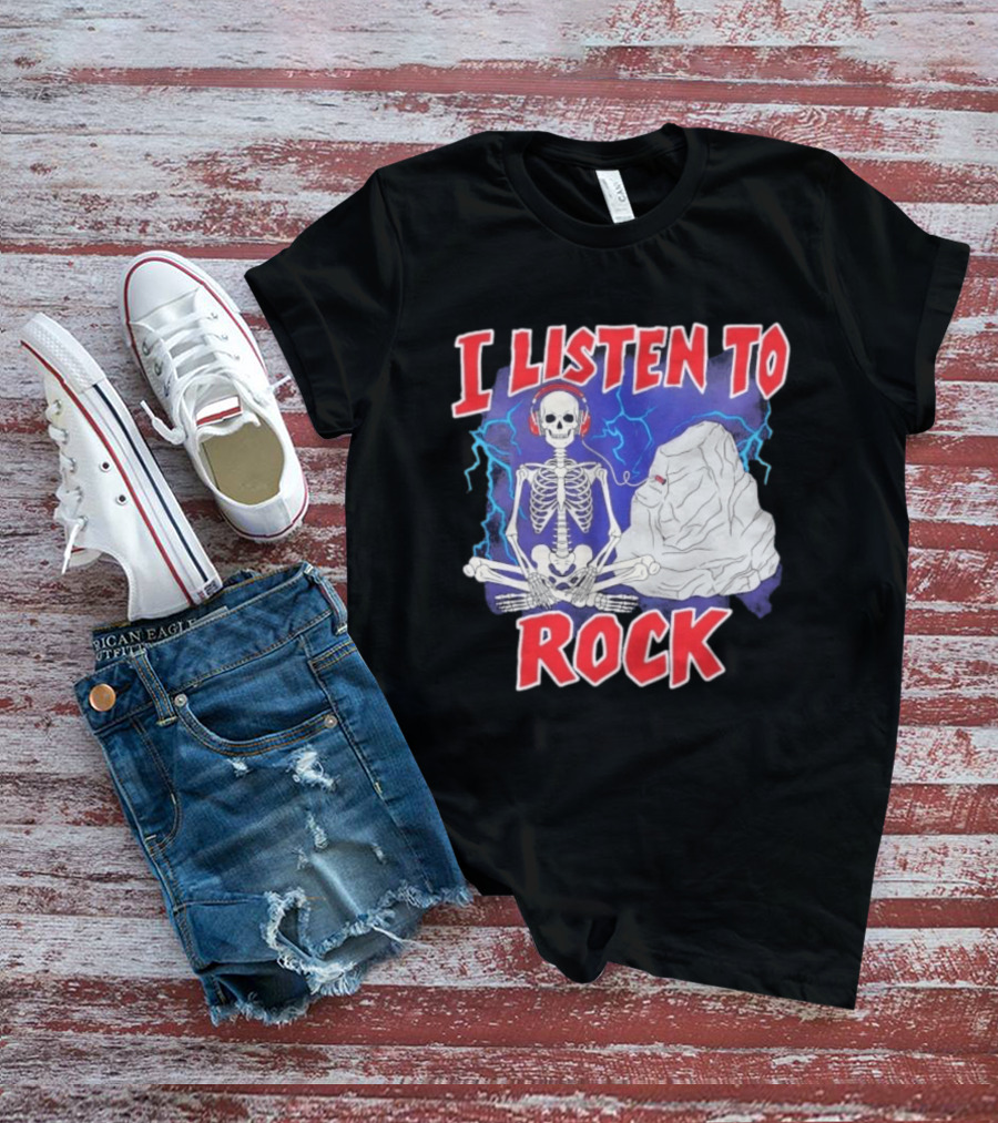 I Listen To Rock Skeleton Headphones Music T-Shirt
