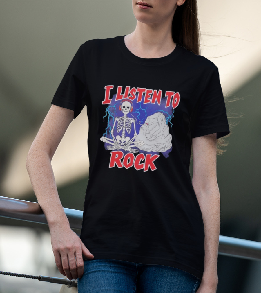 I Listen To Rock Skeleton Headphones Music T-Shirt