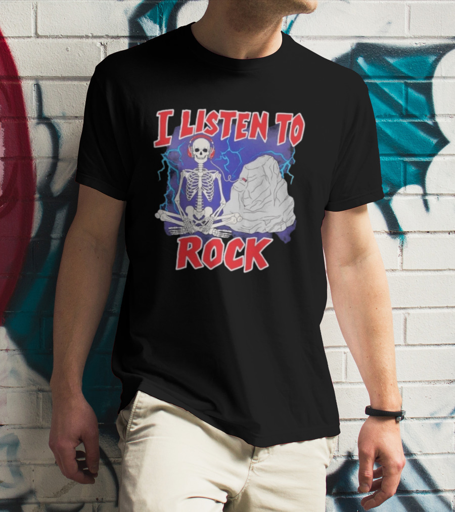 I Listen To Rock Skeleton Headphones Music T-Shirt