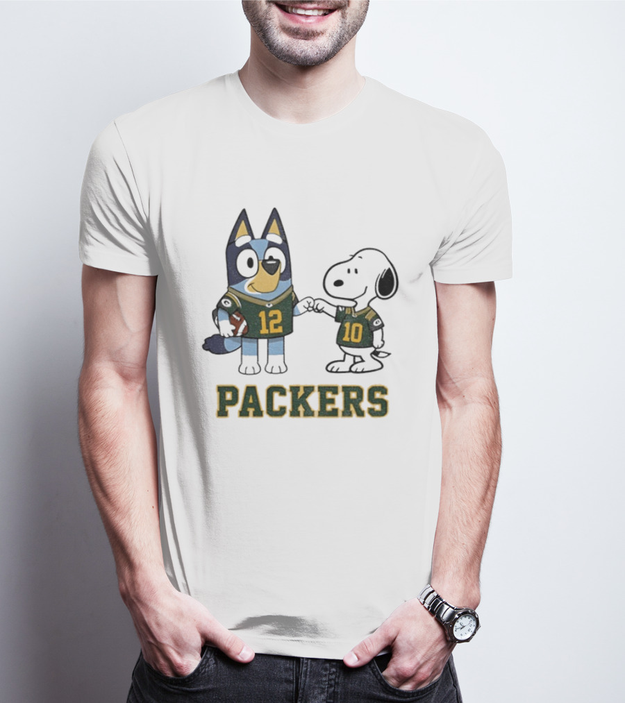 Bluey Snoopy Packers Football Friends Wearing 12 And 10 Jerseys T-Shirt