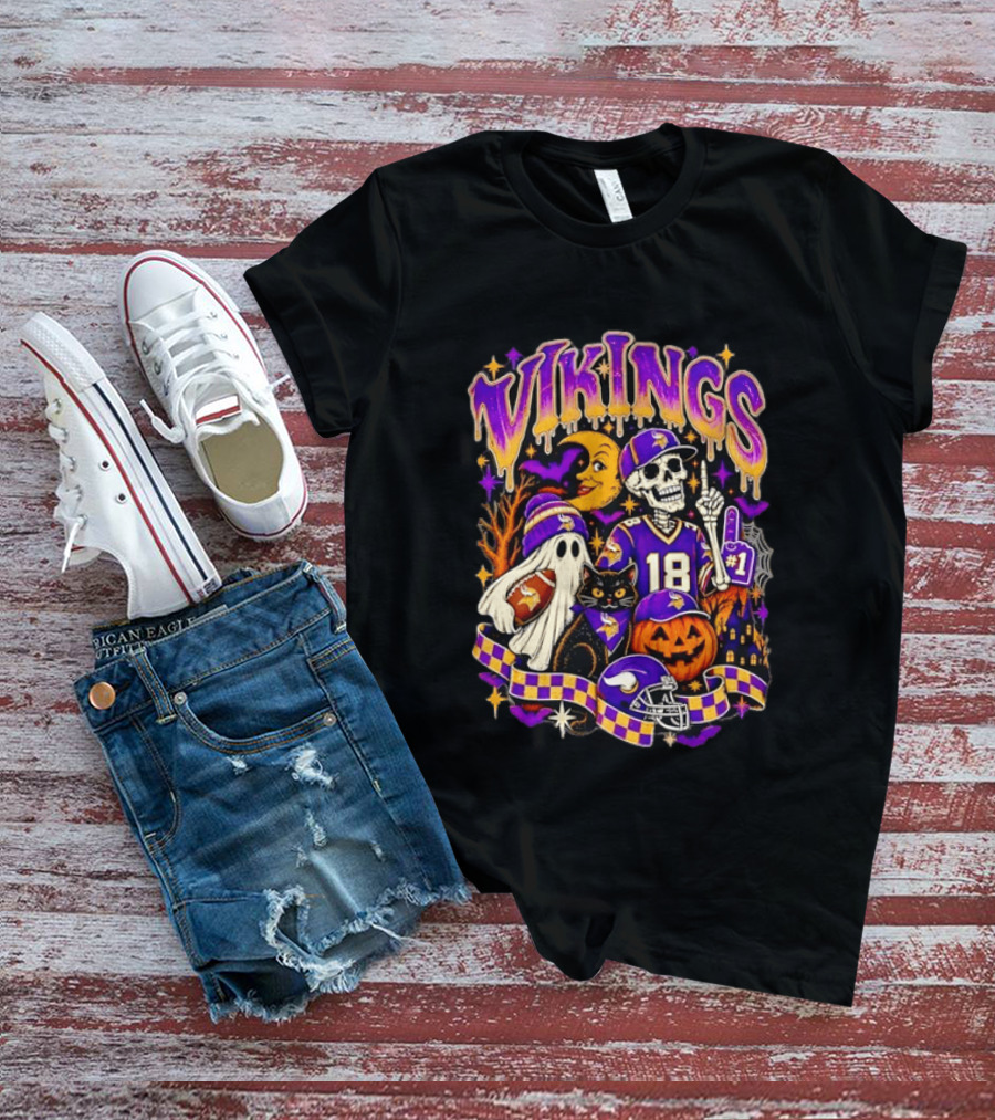 Vikings Halloween Skeleton Football 18 With Ghost Cat And Pumpkins T-Shirt
