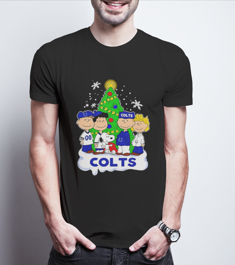 Peanuts Characters Indianapolis Colts Christmas Tree Snoopy Woodstock Snowflakes T-Shirt
