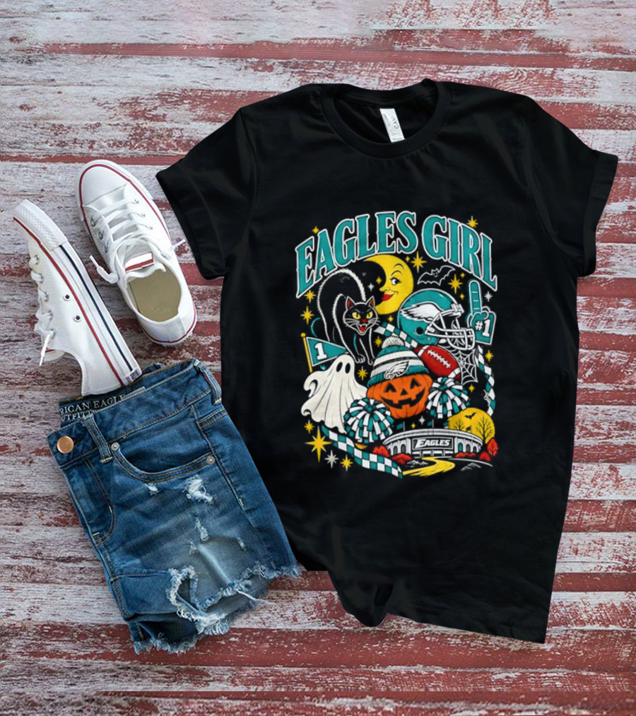 Eagles Girl Halloween Football Moon Cat Pumpkin Stadium T-Shirt