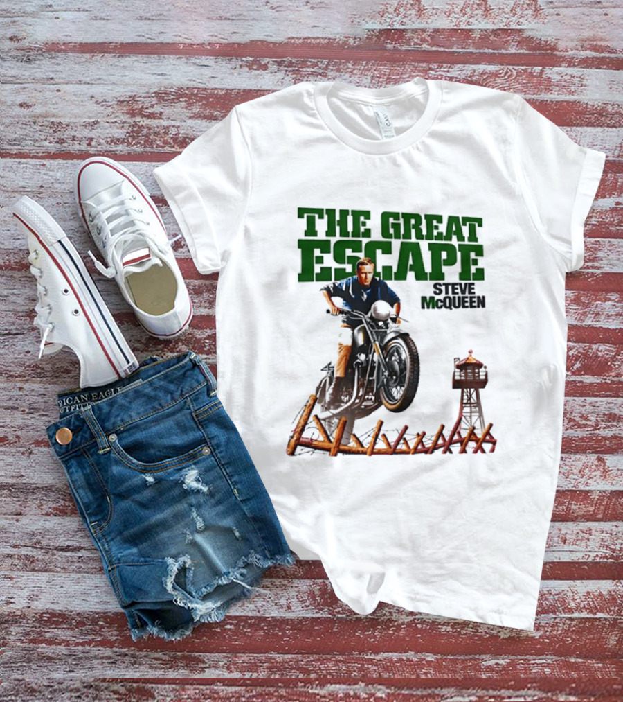 The Great Escape Steve McQueen Motorcycle Jump Classic Movie Scene T-Shirt