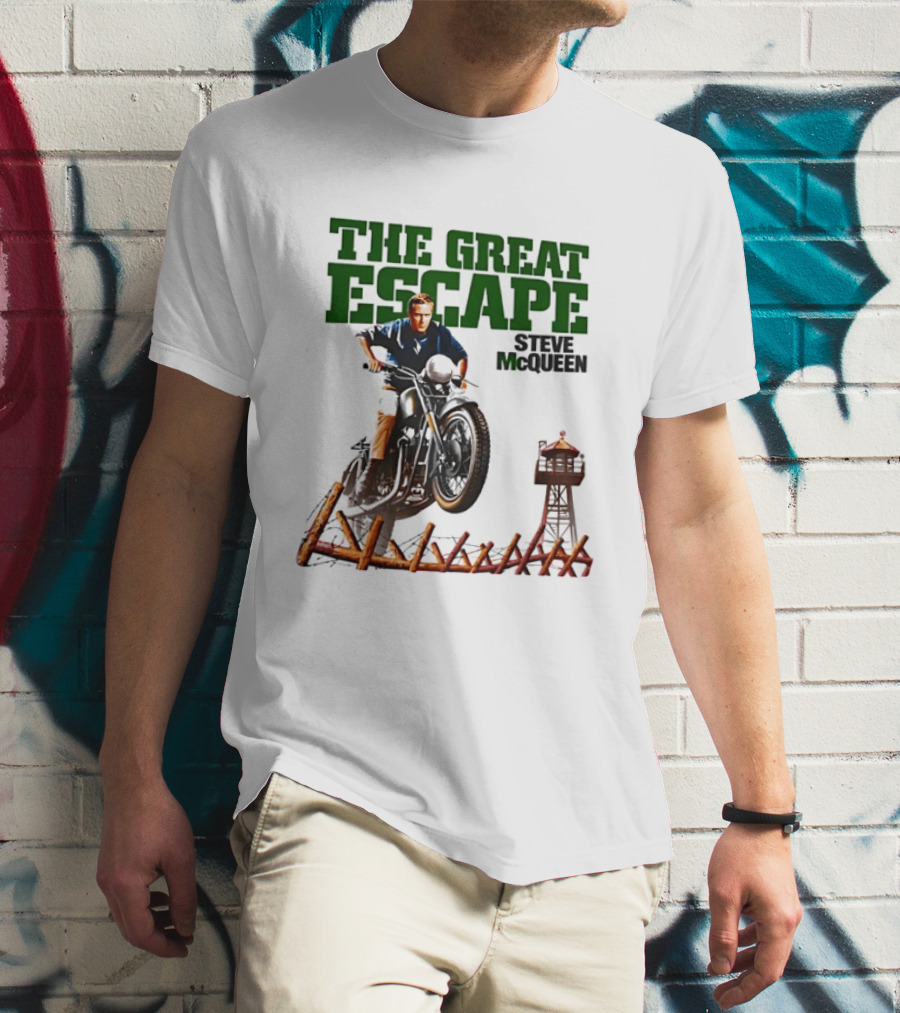 The Great Escape Steve McQueen Motorcycle Jump Classic Movie Scene T-Shirt