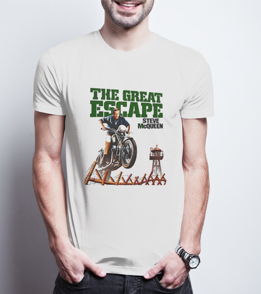 The Great Escape Steve McQueen Motorcycle Jump Classic Movie Scene T-Shirt