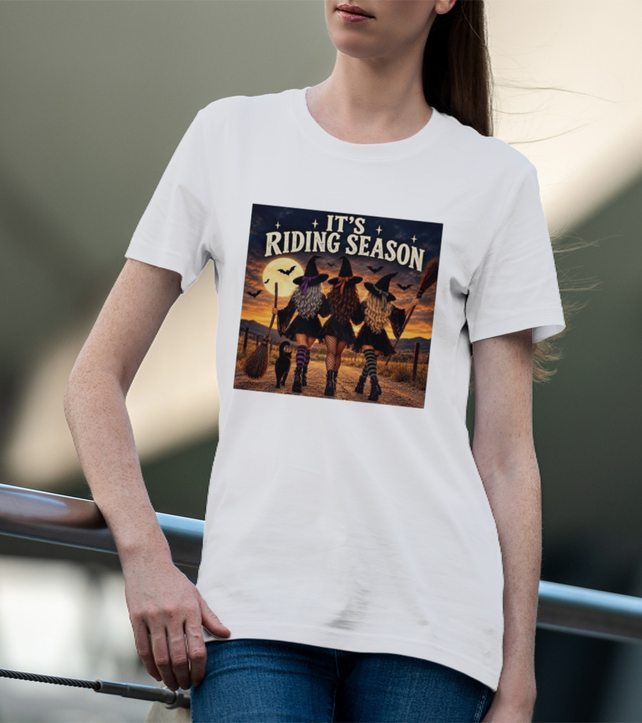 Halloween Witches With Brooms Under Full Moon And Black Cats T-Shirt