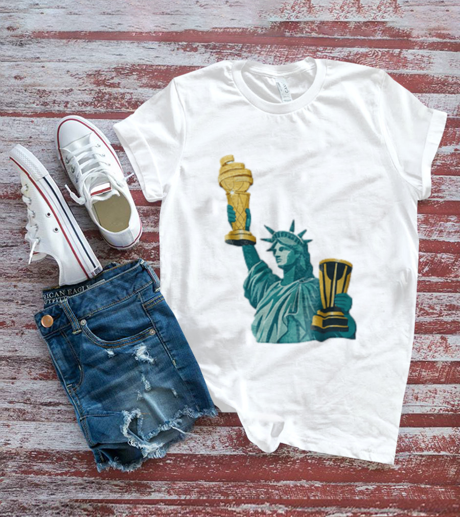 Lady Liberty Holding Dual Championship Trophies Soccer And Basketball T-Shirt
