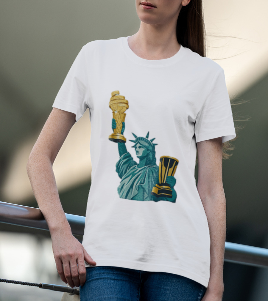Lady Liberty Holding Dual Championship Trophies Soccer And Basketball T-Shirt