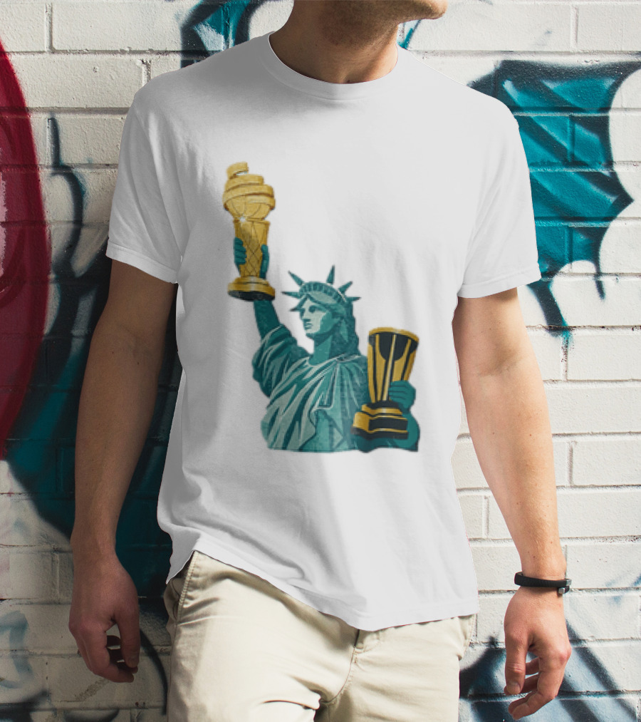 Lady Liberty Holding Dual Championship Trophies Soccer And Basketball T-Shirt