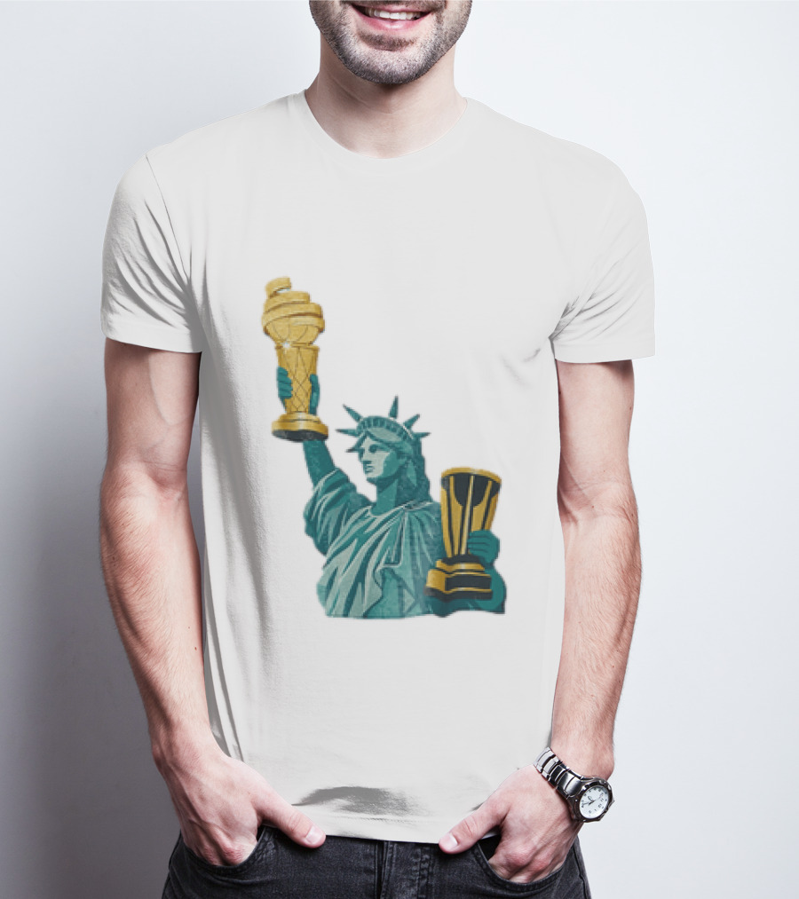 Lady Liberty Holding Dual Championship Trophies Soccer And Basketball T-Shirt