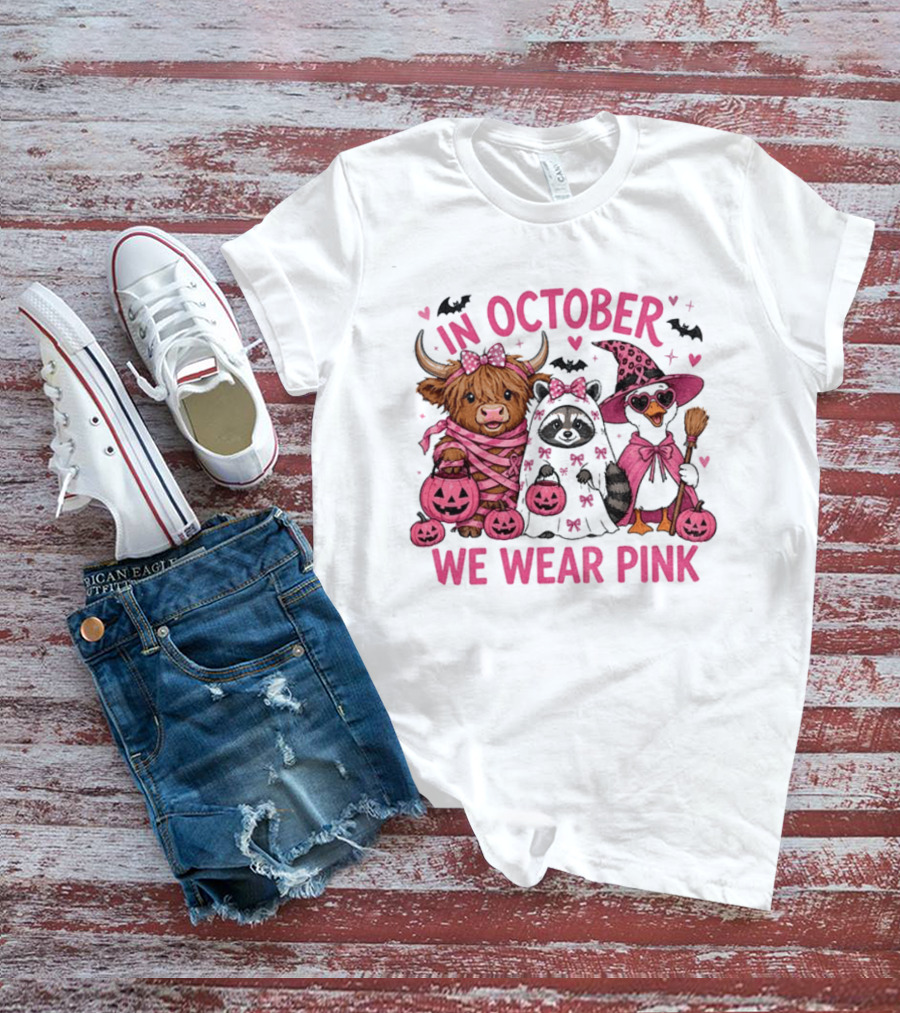 In October We Wear Pink Breast Cancer Support With Halloween Animals T-Shirt