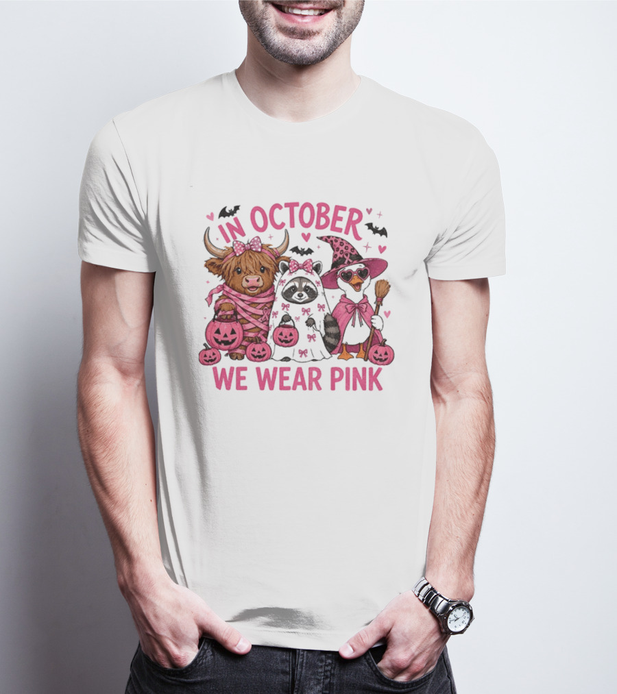 In October We Wear Pink Breast Cancer Support With Halloween Animals T-Shirt