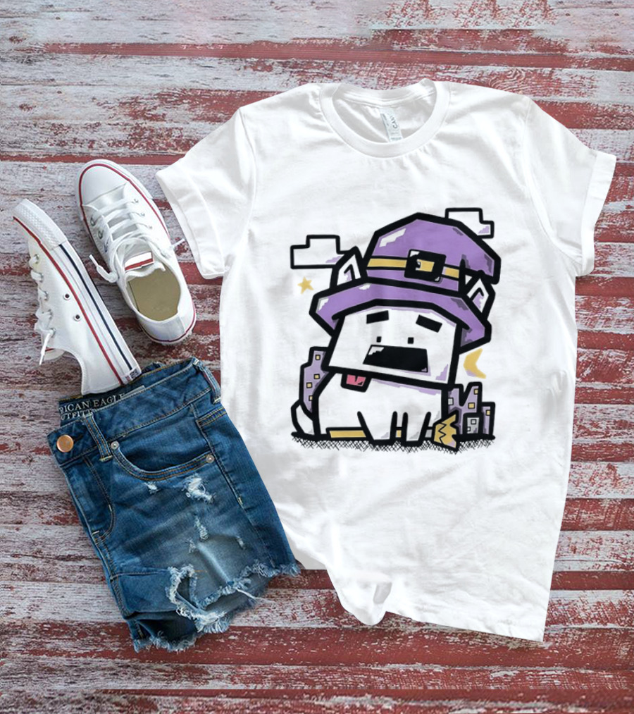 Pixel Cat Wearing Witch Hat Cute Halloween 8 Bit T-Shirt